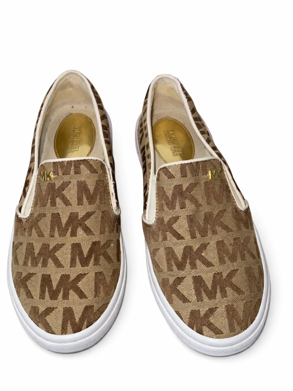 Michael Kors MK Logo Slip‑On Sneakers Tan Brown Canvas Gold Accent Designer SZ 7